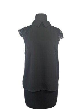 Black Lace Sleeveless Womens Blouse With Collar Lightweight